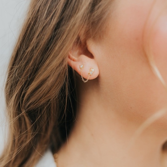 Julia Double Studs Elegant Gold Chain Earrings - Picture 4 of 5